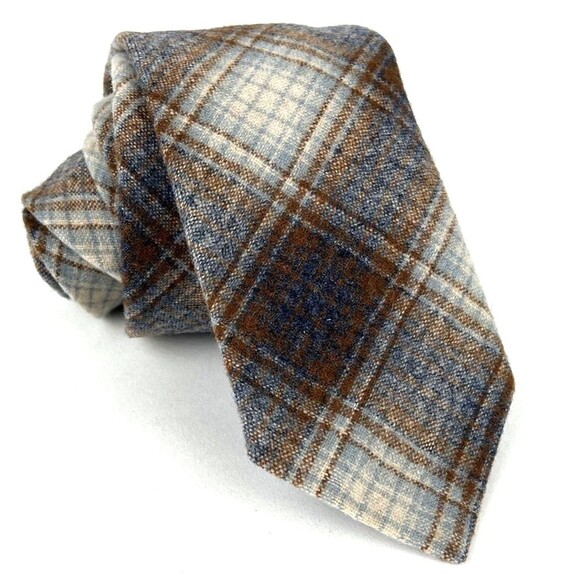 PENDLETON Plaid VINTAGE Wool Neck Tie Ivory Gray Rust Orange Short USA - Picture 1 of 6